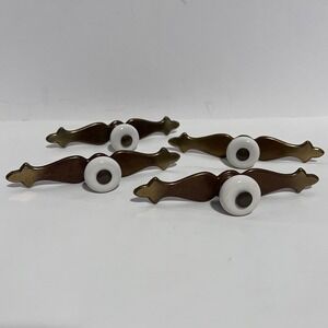 Set of 4 Vintage Brass Ceramic Drawer Pulls Handles Cabinet Door Knobs Hardware